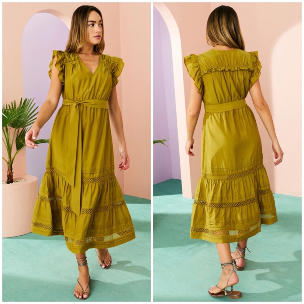Marie Oliver Olive Green Ruffle Midi Dress